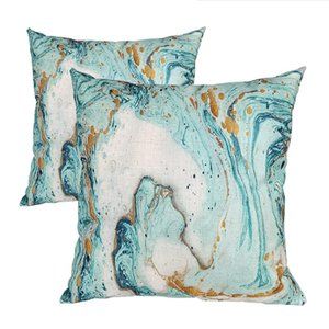 Double-Sided Decorative Square Blue/Gold Marble Pillow Covers